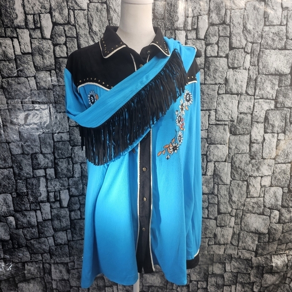 John Moon Texas cowgirl XXL Button down western top with fringe.  Teal/black - Picture 2 of 16